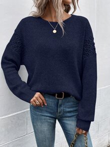 SHEIN LUNE Jersey de punto de malla de hombros caídos - Azul Marino - Ver 6