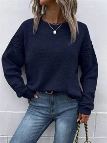 SHEIN LUNE Jersey de punto de malla de hombros caídos - Azul Marino - Ver 7