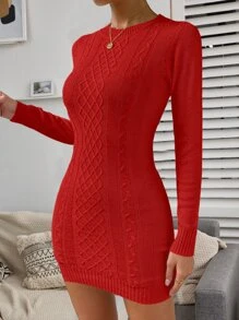 SHEIN Privé Cable Knit Jumper Dress - Red - View 7