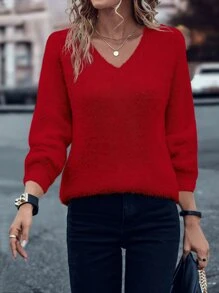 SHEIN LUNE Solid Batwing Sleeve V Neck Jumper - Red - View 1