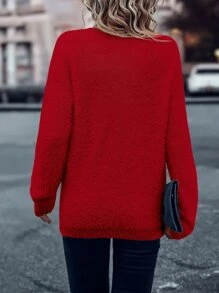 SHEIN LUNE Solid Batwing Sleeve V Neck Jumper - Red - View 2