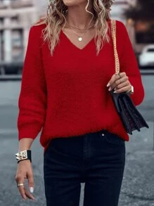 SHEIN LUNE Solid Batwing Sleeve V Neck Jumper - Red - View 5