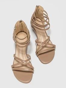 Women's Low Wedge Heel Zipper Back Casual Roman Sandals For Students - Apricot - View 4