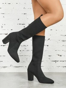 Minimalist Point Toe Chunky Heeled Sock Boots - Black - View 2
