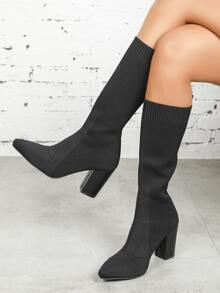 Minimalist Point Toe Chunky Heeled Sock Boots - Black - View 3
