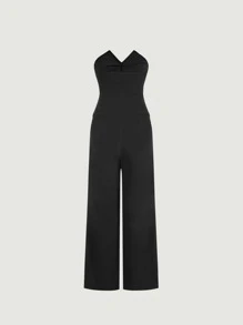 SHEIN MOD 褶邊前紐扣抹胸上衣和闊腿褲 - 黑色 - 查看 8