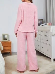 SHEIN Maternity Dual Pocket Flannel PJ Set - Baby Pink - View 2