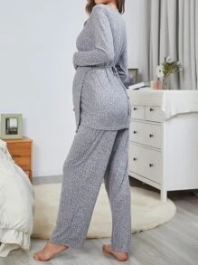Maternity Surplice Neck Top & Adjustable Waist Trousers Lounge Set - Grey - View 2