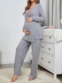 Maternity Surplice Neck Top & Adjustable Waist Trousers Lounge Set - Grey - View 6