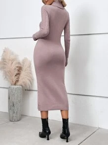 SHEIN LUNE Turtleneck Cable Knit Bodycon Jumper Dress - Dusty Pink - View 2