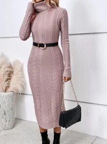 SHEIN LUNE Turtleneck Cable Knit Bodycon Jumper Dress - Dusty Pink - View 4