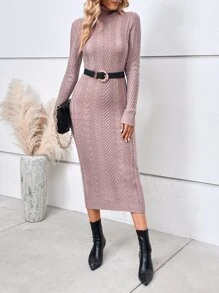 SHEIN LUNE Turtleneck Cable Knit Bodycon Jumper Dress - Dusty Pink - View 5