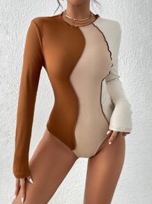 SHEIN Essnce Colourblock Top-stitching Ribbed Knit Bodysuit - Multicolor - View 1