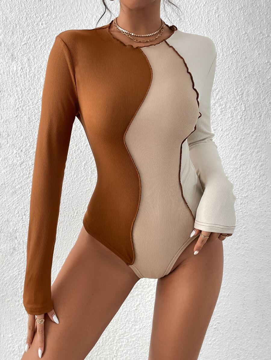 SHEIN Essnce Colourblock Top-stitching Ribbed Knit Bodysuit - Multicolor - View 1