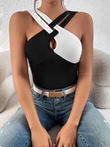 SHEIN Privé Áo hai dây Hội Chữ thập Cắt ra Khối Màu Giải trí - màu đen - Xem 4