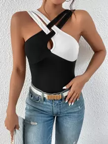 SHEIN Privé Áo hai dây Hội Chữ thập Cắt ra Khối Màu Giải trí - màu đen - Xem 5