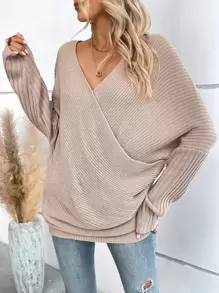 SHEIN LUNE Batwing Sleeve Wrap Cross Jumper - Apricot - View 5