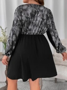 SHEIN LUNE Plus Geo Print Lantern Sleeve Dress - Multicolor - View 2