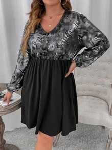 SHEIN LUNE Plus Geo Print Lantern Sleeve Dress - Multicolor - View 6