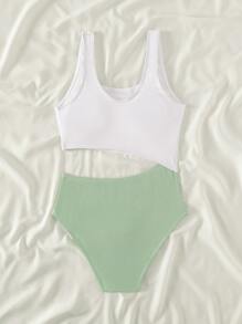 Teen Girls Colorblock Cut-out One Piece Swimsuit - Mint Green - View 2