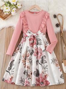 Tween Girl Floral Print Ruffle Trim Belted Dress,Holiday,Summer,Travel