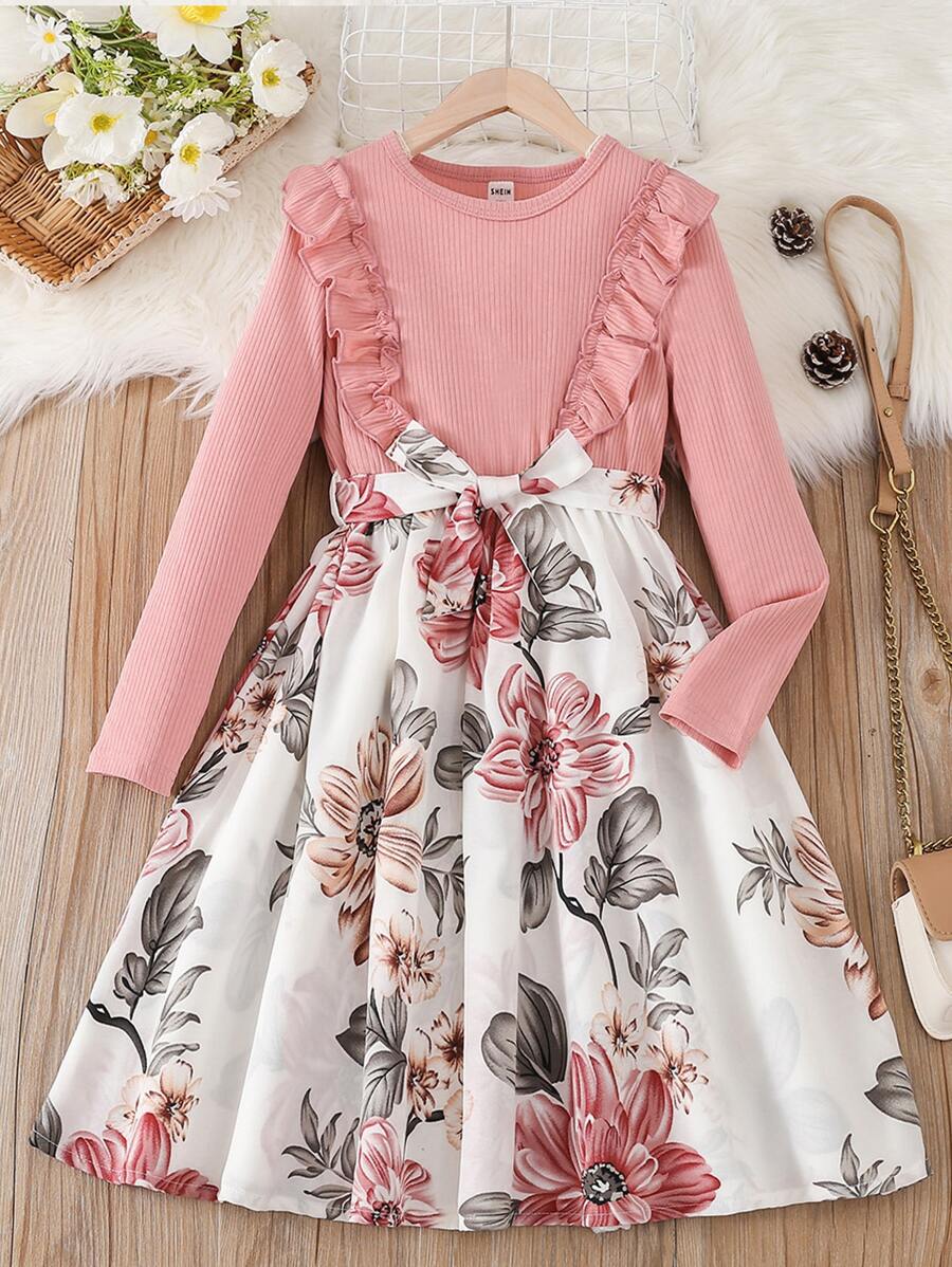 Tween Girl Floral Print Ruffle Trim Belted Dress,Holiday,Summer,Travel