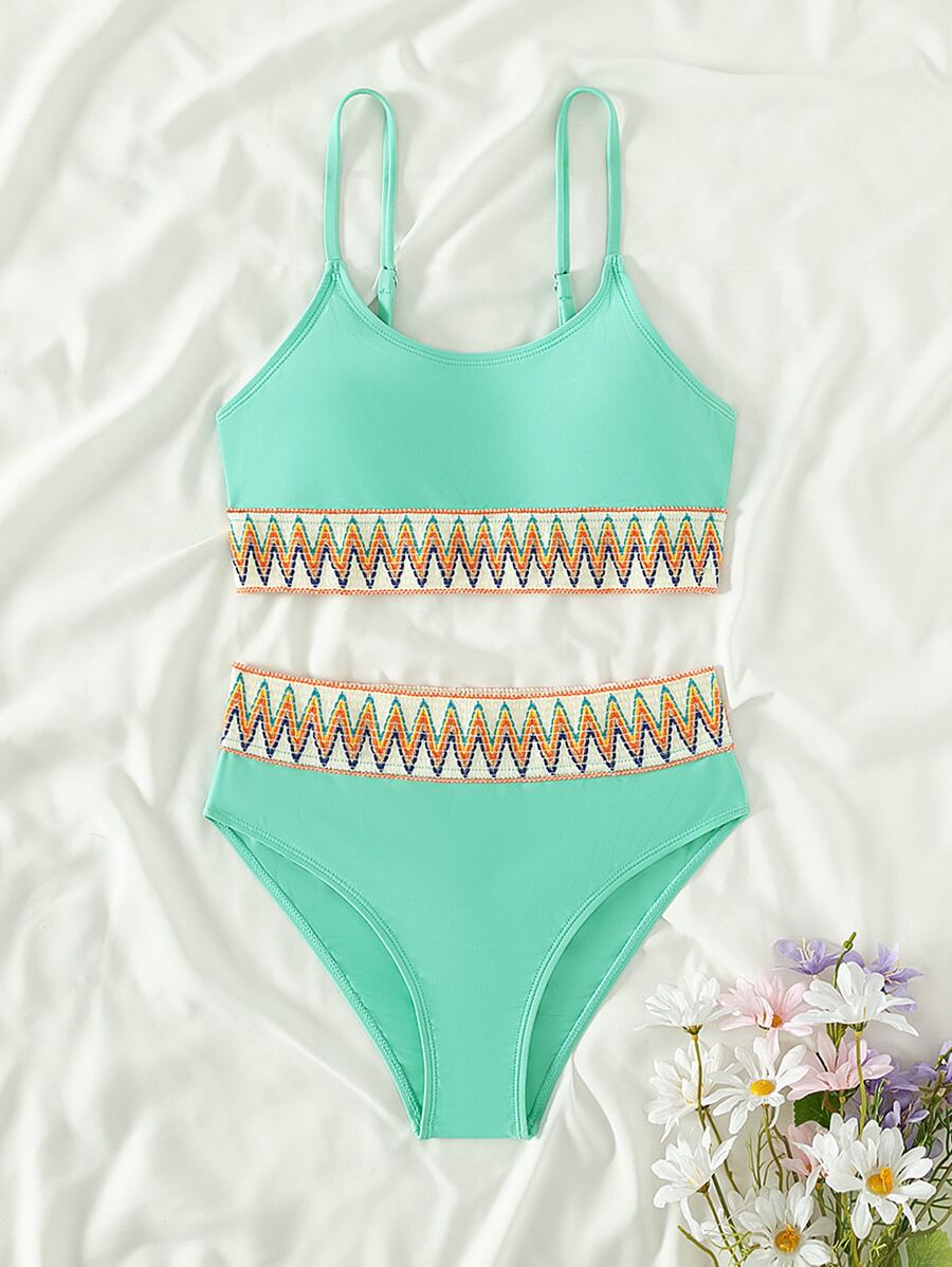 Teen Girls Chevron Tape Panel Bikini Set Summer Beach - Mint Green - View 1
