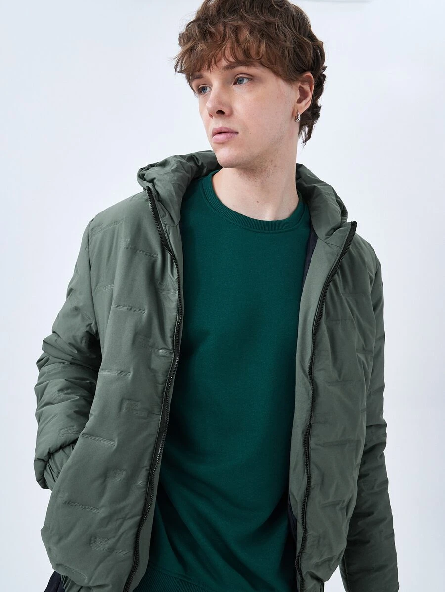 Men Zip Up Hooded Quilted Coat - Green - View 1