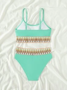 Teen Girls Chevron Tape Panel Bikini Set Summer Beach - Mint Green - View 2