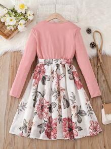 Tween Girl Floral Print Ruffle Trim Belted Dress,Holiday,Summer,Travel