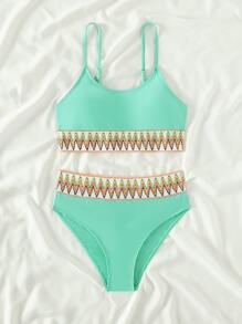 Teen Girls Chevron Tape Panel Bikini Set Summer Beach - Mint Green - View 5