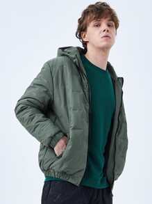 Men Zip Up Hooded Quilted Coat - Green - View 4