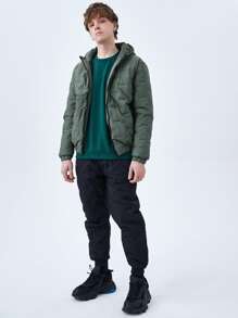 Men Zip Up Hooded Quilted Coat - Green - View 5