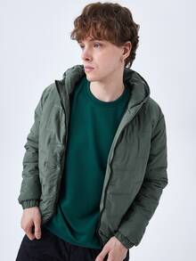 Men Zip Up Hooded Quilted Coat - Green - View 6