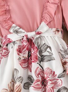 Tween Girl Floral Print Ruffle Trim Belted Dress,Holiday,Summer,Travel