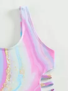 年輕女孩大理石印花梯形剪裁一片式泳衣