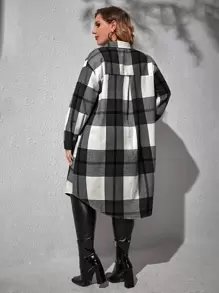 SHEIN Essnce 大碼格紋翻蓋口袋中長外套