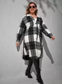 SHEIN Essnce 大碼格紋翻蓋口袋中長外套