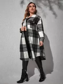 SHEIN Essnce 大碼格紋翻蓋口袋中長外套