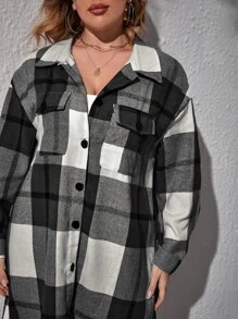 SHEIN Essnce 大碼格紋翻蓋口袋中長外套