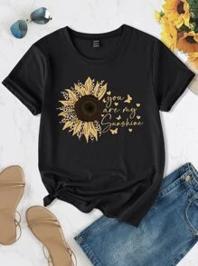 SHEIN LUNE Butterfly & Floral Print Tee Graphic Tees Women Tops - Black - View 1