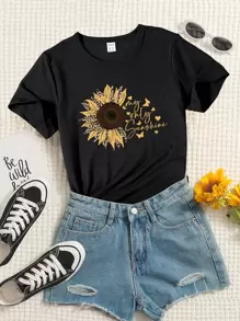 Tween Girl 1pc Fashionable Leopard Print Sunflower & Letter Print Short Sleeve T-Shirt, Summer - Black - View 1