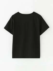 Tween Girl 1pc Fashionable Leopard Print Sunflower & Letter Print Short Sleeve T-Shirt, Summer - Black - View 2