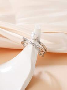 Faux Pearl & Cubic Zirconia Decor Cuff Ring