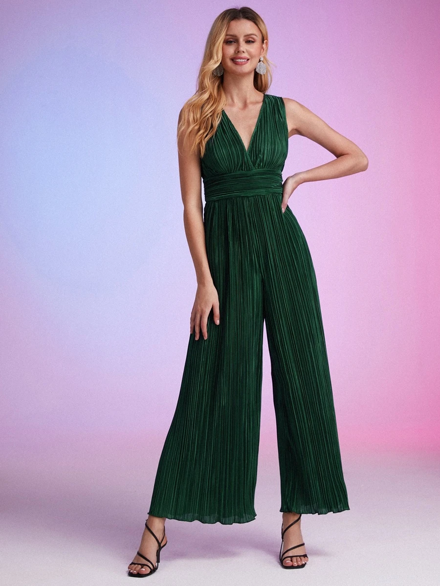 SHEIN BAE Plisse Wide Leg Jumpsuit - Dark Green - View 1