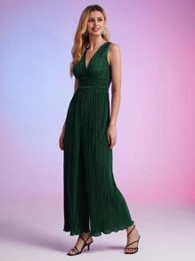SHEIN BAE Plisse Wide Leg Jumpsuit - Dark Green - View 4
