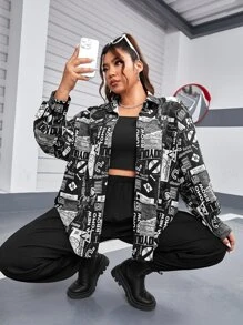 SHEIN EZwear Áo sơ mi Plus Size Nút phía trước Tất cả trên in Giải trí - Đen và trắng - Xem 1