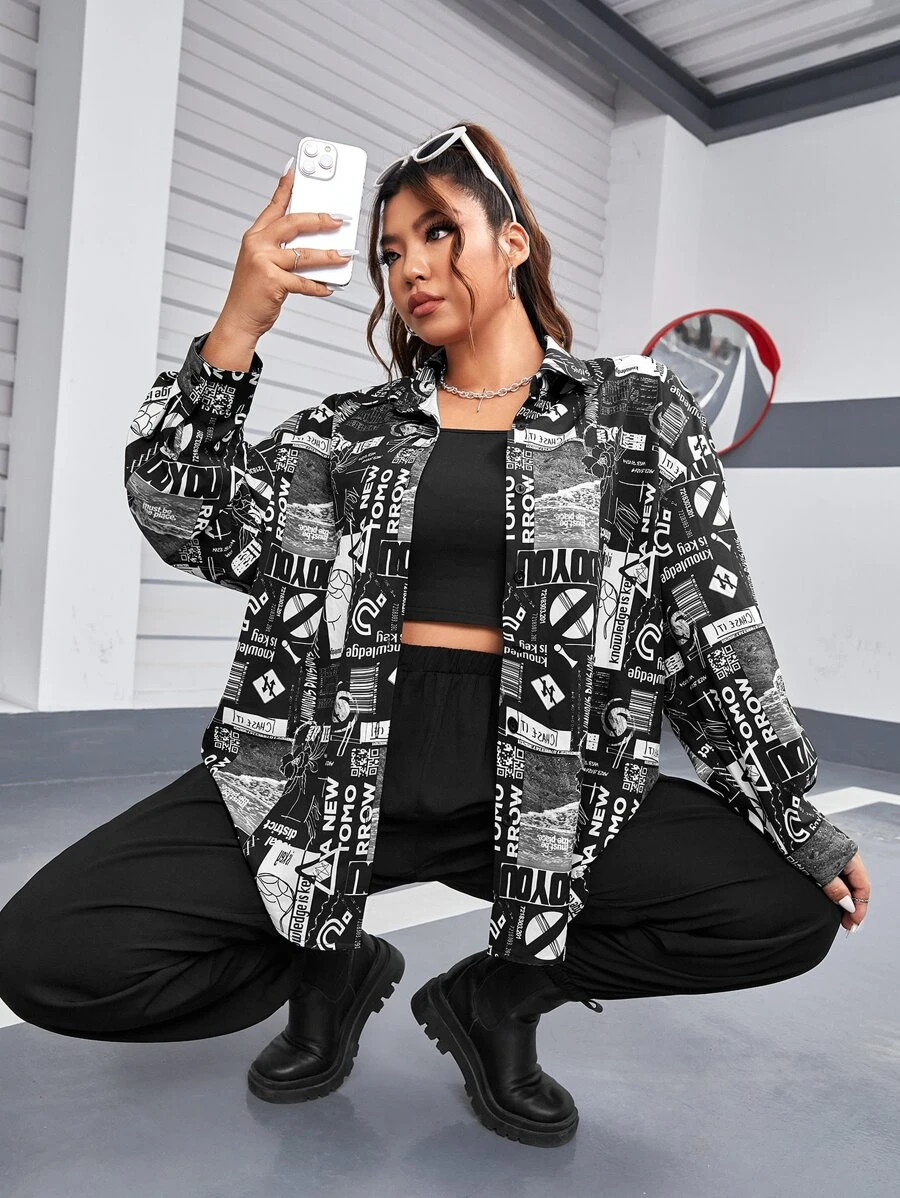 SHEIN EZwear Plus Allover Print Drop Shoulder Shirt - Black and White - View 1