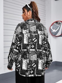 SHEIN EZwear Áo sơ mi Plus Size Nút phía trước Tất cả trên in Giải trí - Đen và trắng - Xem 2
