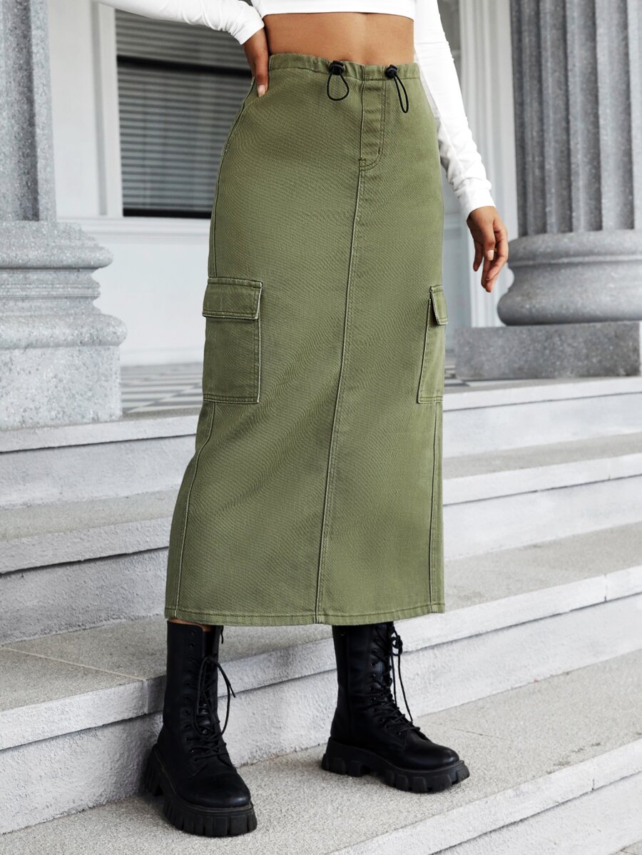 Drawstring Waist Flap Pocket Denim Skirt - Army Green - View 1
